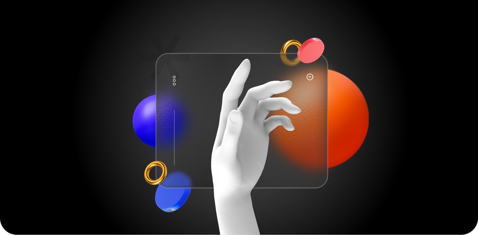 3D white hand and abstract shapes on a dark background